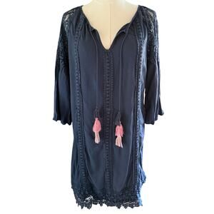 Knox Rose Navy Blue Boho Crochet Lace Tassel Tunic Peasant Dress Medium Festival